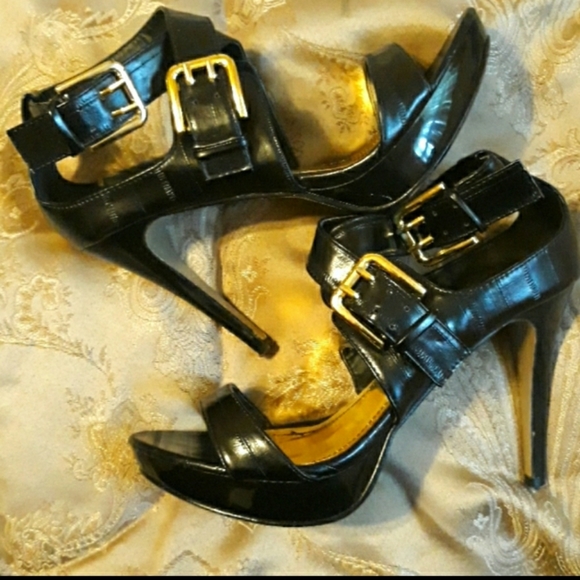 Anne Michelle Black Stilettos w Gold Side Buckle 8 1/2 - Picture 1 of 7